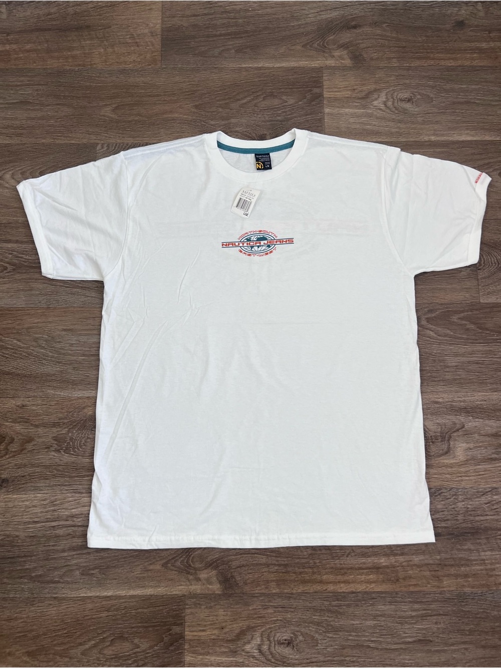 Nautica White Short Sleeve Tee with Red & Blue Chest Emblem/A666